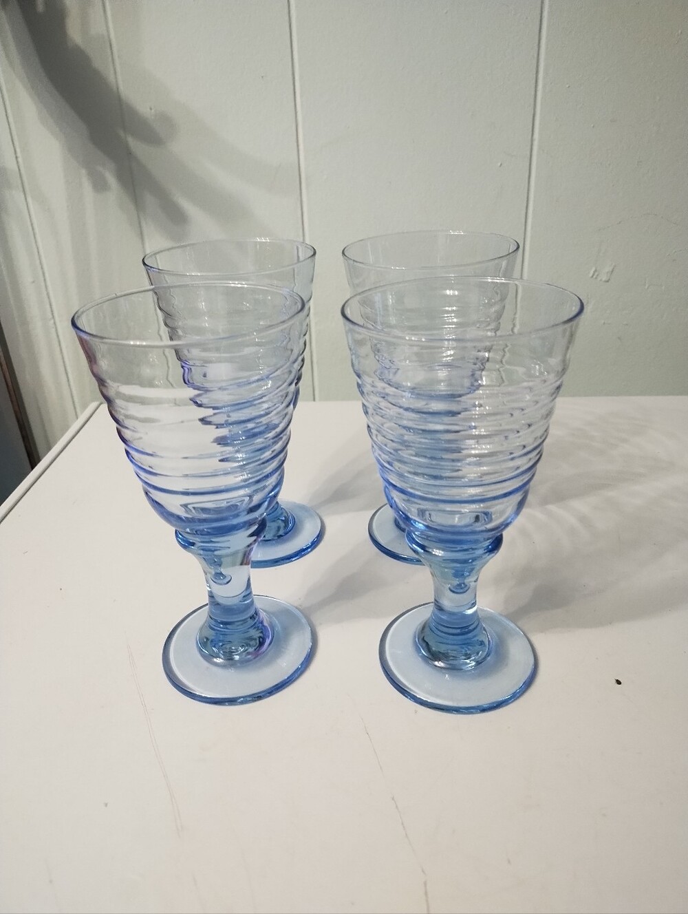 Vintage Libbey Sirrus Light Blue Ribbed Water/Wine Pedestal Goblets - Set of 4